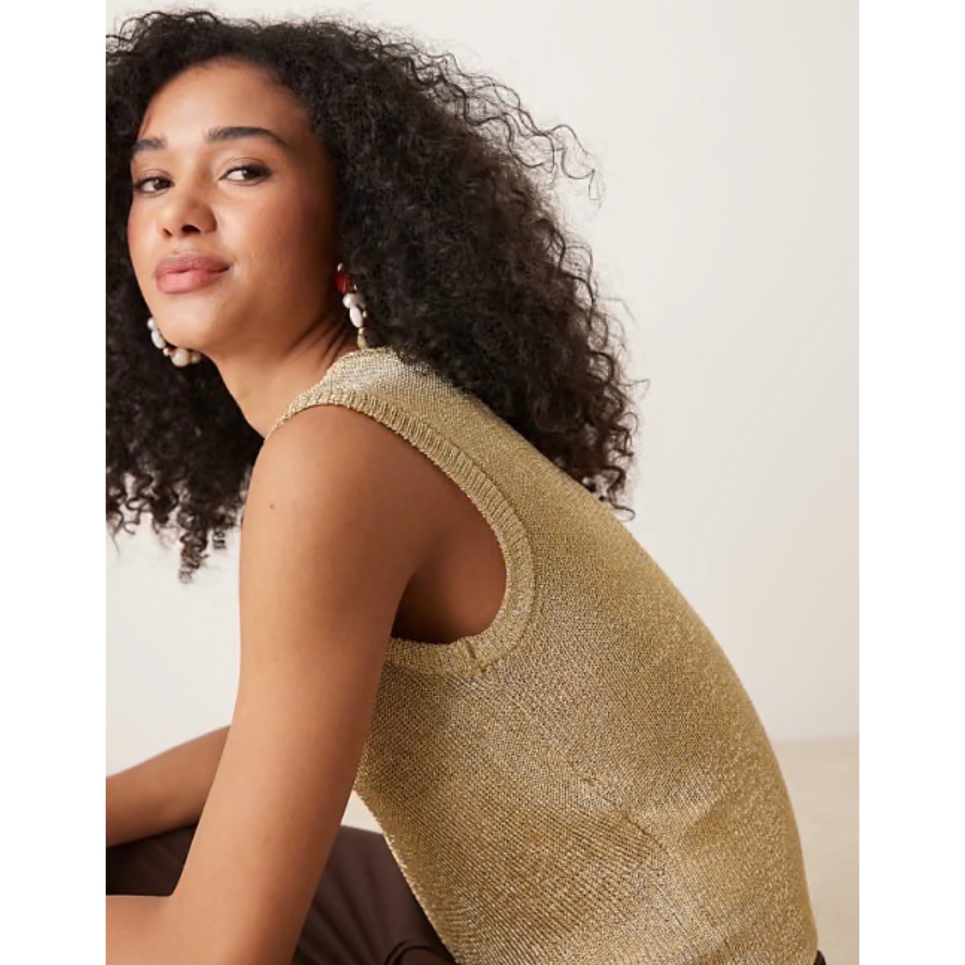 St. John Basics Vintage Gold Metallic Knit Tank Top Scoop Neck Shell Size 14